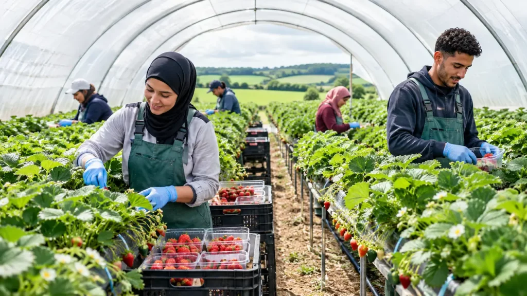عمال في العمل الموسمي في بريطانيا يجنون الفراولة في مزرعة